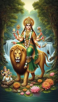 the hindu goddess sitting on top of a lion in front of a waterfall with water lilies