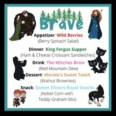 a poster with different names for the characters in brave and other things to see on it