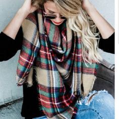 Plaid Print Blanket Scarf Multi Color Square Shape Red Green Tan Yellow Etc Red Palette, Feather Scarf, Houndstooth Scarf, Black And White Scarf, Textured Knit Sweater, Plaid Blanket Scarf, Long Winter Coats, Leopard Print Scarf, Plaid Blanket