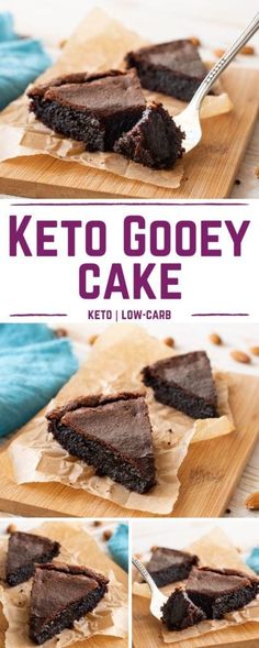 a close up of a piece of cake on a cutting board with the words keto gooey cake