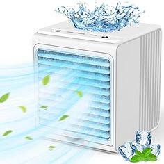 an air conditioner with water splashing on it and ice cubes surrounding it