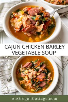 two bowls of cajun chicken barley vegetable soup