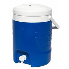 a large blue and white cooler on a white background