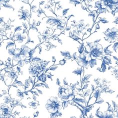 a blue and white floral wallpaper with large flowers on the left side of it