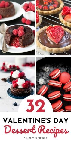 Collage of four valentine's day desserts - lava cart, chocolate tart, chocolate cake, red macarons. Valentines Pastry, Valentines Pastries, Valentine Day Desserts, Pastry Hearts, Valentines Recipes, Chocolate Raspberry Brownies, Valentine Sweets, Apple Dump Cake