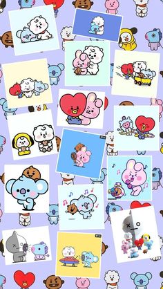 many different pictures are arranged on a purple background with hearts and other cartoon characters around them