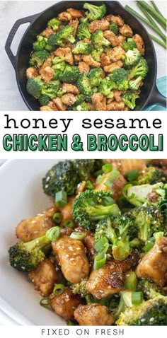 chicken and broccoli stir fry in a skillet with the words honey sesame chicken and broccoli