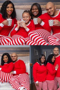 a group of people in matching red and white pajamas posing for the camera with coffee mugs