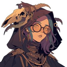 a drawing of a woman with glasses and a skull on her head wearing a hat