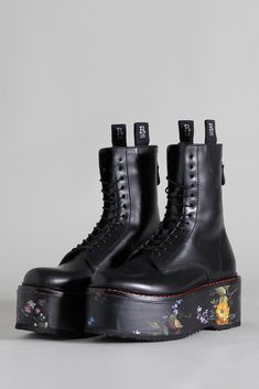 R13 DOUBLE STACK BOOT - BLACK WITH FLORAL PLATFORM R13 Boots, Dr Shoes, Funky Shoes, Black Platform Boots, Shearling Boots, Combat Boot, Aesthetic Shoes, Swag Shoes, Denim Shoes