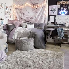 the instagram page shows an image of a bedroom with grey and white decor on it