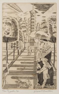 an old drawing of two people with umbrellas