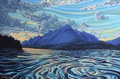 an oil painting of mountains in the distance with blue water and clouds above them on a sunny day