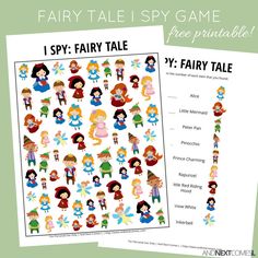 the fairy tale printable game is shown on top of a green background with text that reads