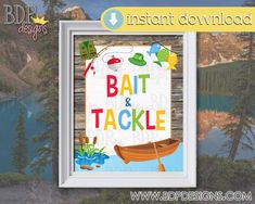 an image of a boat and tackle sign on the side of a lake with mountains in the background