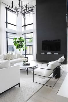 a living room filled with white furniture and large windows