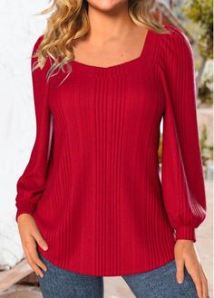 Color:Red;Size:S;Size:M;Size:L;Size:XL;Size:XXL;Package Contents:1 X T Shirt;Occasion:Other;Style:Casual; Red Solid Color Winter Tops, Red Ribbed Long Sleeve Tops, Red Winter Tops, Red Solid Color Sweater For Fall, Red Solid Color Crew Neck Sweater, Red Crew Neck Sweater Solid Color, Red Crew Neck Sweater With Solid Color, Elegant Dresses Plus Size, Square Neck Long Sleeve