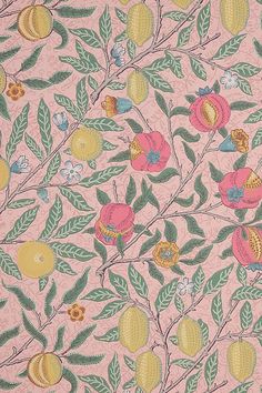 a pink wallpaper with fruit and leaves on the branches, in an ornate pattern