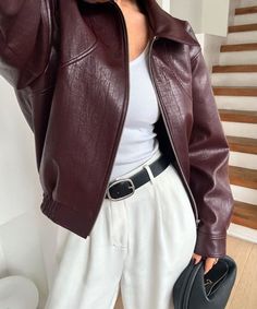 Burgundy Leather Jacket Outfit, Leather Moto Jacket Outfit, Moto Jacket Outfit, Maroon Leather Jacket, Burgundy Leather Jacket, Maroon Jacket, Long Sleeve Knitted Cardigan, Leather Short, Leather Jacket Outfits