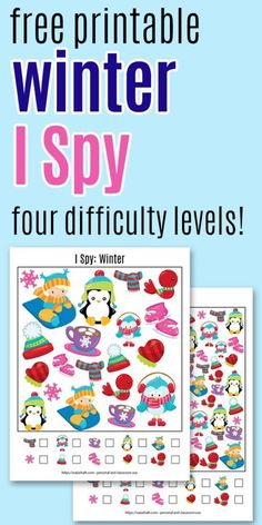 the printable winter i spy game is shown with two pictures and text that reads, free