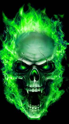 a green skull with flames on it's face