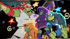 the teenage mutant ninjas are standing in front of a building with stars on it