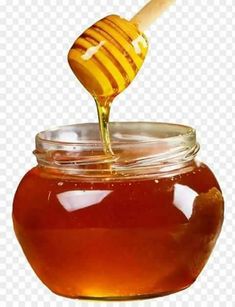 a jar of honey with a wooden spoon full of honey on the side, hd png