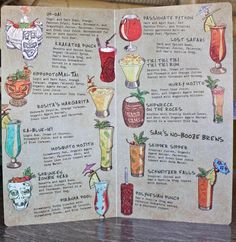 an open menu with different drinks on it