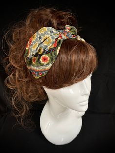 Fabric turban head band in a retro cotton print, on the 1940s land girl style and 1950s Rockabilly fashions. A real statement piece with a standard 1 inch width inner Alice band attached within the lining to provide an easy to wear design. Our range of turban bands are the perfect easy to wear accessory and are worn exactly as an Alice band finishing behind the ears. (These bands do not go all the way around the back of the head, so are perfect for all hair styles. This unique creation is a stun Vintage Bandana For Summer, Vintage One-size Bandana For Summer, Bohemian Adjustable Headwrap With Matching Headband, Adjustable Bohemian Headwrap With Matching Headband, Floral Print Bandana For Summer, Bohemian Summer Headband, Summer Floral Print Bandana, Multicolor Headband Bandana For Spring, Multicolor Bandana Headband For Spring