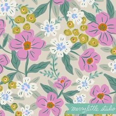 an image of a flower pattern with the words merry little studio written in green and pink