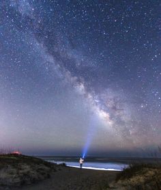 a man standing on top of a sandy beach under a night sky filled with stars