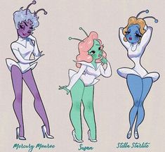 three cartoon characters are posing for the camera with their hands on their hipss and one is holding her head