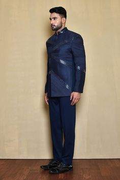 Blue suit style bandhgala with linear pattern pintucks and metallic embroidered trims. Comes with coordinating blue pant. - Aza Fashions Blue Suit Style, Linear Pattern, Embroidered Neckline, Suit Style, Italian Fabric, Blue Pants, Pants Pattern, Blue Suit, Pin Tucks