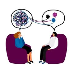 two people sitting on a couch talking to each other with thought bubbles above their heads