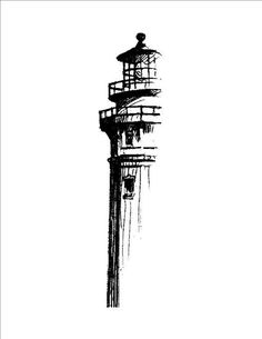 a black and white drawing of a lighthouse on a pole with water coming out of it