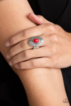 A fiery red stone is pressed into the center of a silver frame radiating with tribal inspired textures for a seasonal look. Features a stretchy band for a flexible fit. Sold as one individual ring. Fox Ring, Red Ring, Red Rings, Stone Fox, Purple Pearl, Silver Frames, Fiery Red, Paparazzi Accessories, Blue Gems