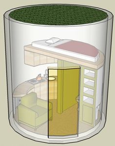 a drawing of a room with a bed in the middle and a couch below it