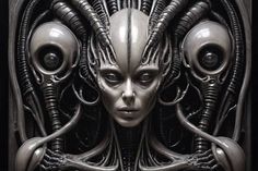 an alien woman is surrounded by aliens in this black and white photo, with her head turned to the side