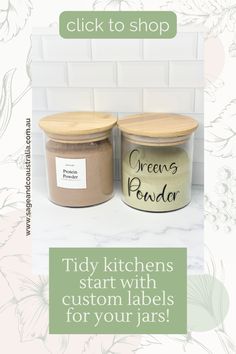 two jars with labels on them sitting next to each other in front of a white tile wall