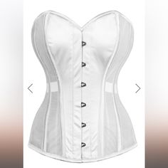 Size 22”- Suitable For 25-26” Natural Waist. Our Satin And Mesh Overbust Corset Makes The Perfect Choice For Discreet Waist Reduction Under Your Clothes. The Sheer Mesh Panels Let Skin Breathe Whilst Camouflaging Your Shapewear. The White Satin Makes This A Popular Design For Brides And Honeymooners And Offers A Waist Reduction Of Up To Four Inches. The Integral Steel Bones Are Covered In Fabric, Combining Strong Control With Comfort And A Sleek Silhouette. Style: Regular Length,Overbust Corset Features: Ribbon Lacing,Steel Busk,Mesh Panels Colour: Ivory Achievable Waist Reduction: 3-4" Sweetheart Bustline Fully Adjustable Structured Corset With Criss Cross Lacing Front And Back Modest Fitted White Corset, White Satin Underbust Corset, White Satin Corset, Structured Corset, Gingham Jacket, Overbust Corset, Bow Detail Dress, Denim Maxi Skirt, Free People Intimates