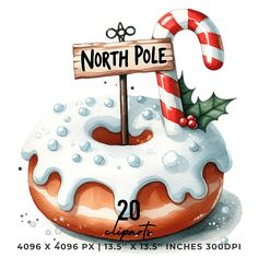 a watercolor painting of a doughnut with a sign that says north pole