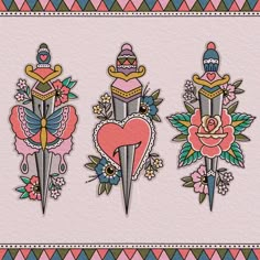 three different types of tattoos with flowers and hearts on the top, one is pink