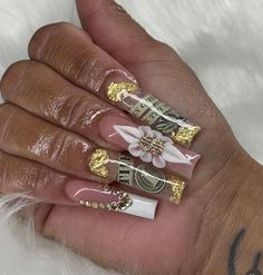 Money Inspired Nails, Money Sign Acrylic Nails, Money Design Nails, Money Acrylic Nail Design, Money Nails, Birthday Quotes For Me, Pedicure Designs, Long Square Acrylic Nails