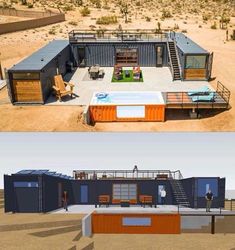 two pictures side by side one shows a house made out of shipping containers