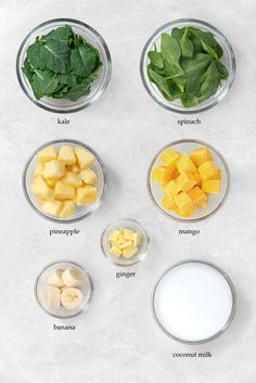 the ingredients to make this smoothie include bananas, spinach, pineapple, mango and milk