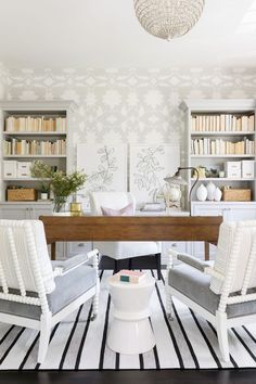 a living room with two chairs and a table in front of some bookshelves