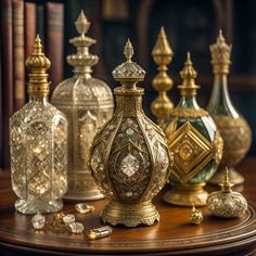 an assortment of decorative vases sitting on a table in front of bookshelves