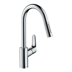 the kitchen faucet is chrome and has an angled spout, which can be used