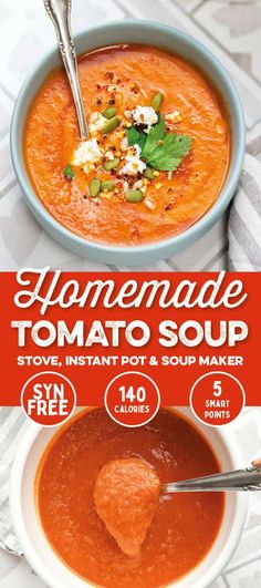 a bowl of tomato soup with a spoon in it and an advertise on the side