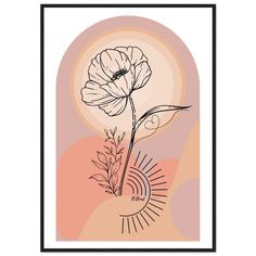 a black and white drawing of a flower in a vase with the sun behind it